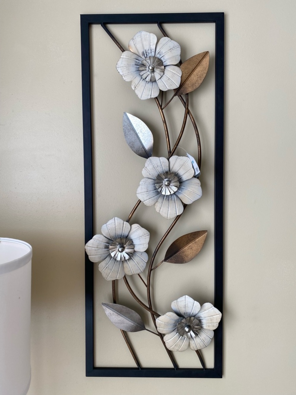 Metal Floral Wall Art Panel in White, Silver, Bronze & Black